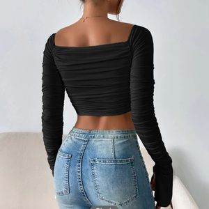 Off Shoulder Ruched Split Cuff Crop Top